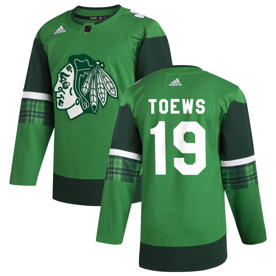 Chicago Blackhawks 19 Jonathan Toews Men Adidas 2020 St. Patrick Day Stitched NHL Jersey Green